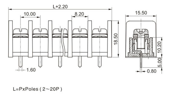 CE 10.0mm Pitch Terminal Block Connector PCB Barrier 1 * 05P PBT مع غطاء الحماية