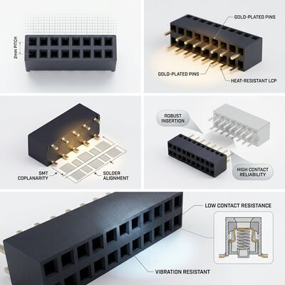 رأس الصندوق المغطى نمط 2.54MM صف مزدوج رابط إناثي فلاش ذهبي PA6T مقطب المفتاح PCB من خلال الثقب